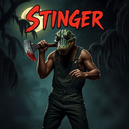 A menacing figure dressed in rugged overalls, wearing a detailed crocodile mask, stands in the misty bayou at night