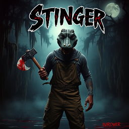 A menacing figure dressed in rugged overalls, wearing a detailed crocodile mask, stands in the misty bayou at night