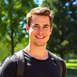 A confident adult man standing outdoors in a sunny park, wearing a casual yet stylish outfit