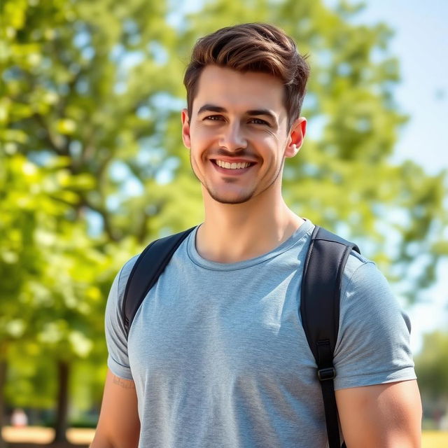 A confident adult man standing outdoors in a sunny park, wearing a casual yet stylish outfit