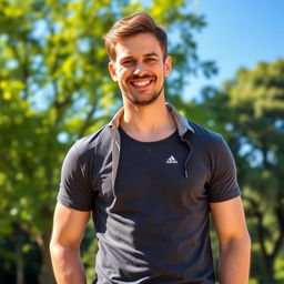 A confident adult man standing outdoors in a sunny park, wearing a casual yet stylish outfit