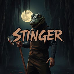 A dark and atmospheric scene featuring a sinister figure wearing brown overalls and a detailed crocodile mask
