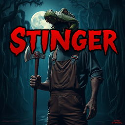 A dark and atmospheric scene featuring a sinister figure wearing brown overalls and a detailed crocodile mask
