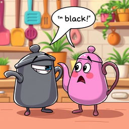 A whimsical scene featuring a pot mockingly calling a teapot 'black' in a humorous way