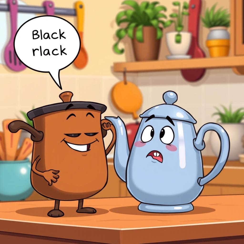 A whimsical scene featuring a pot mockingly calling a teapot 'black' in a humorous way