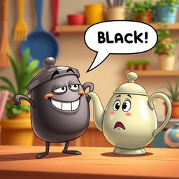 A whimsical scene featuring a pot mockingly calling a teapot 'black' in a humorous way