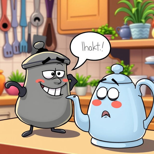 A whimsical scene featuring a pot mockingly calling a teapot 'black' in a humorous way