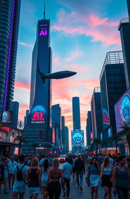 A futuristic cityscape at dusk, featuring towering skyscrapers with neon lights in vibrant shades of blue and purple