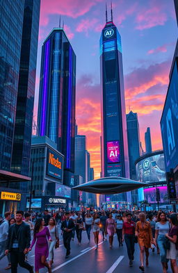 A futuristic cityscape at dusk, featuring towering skyscrapers with neon lights in vibrant shades of blue and purple