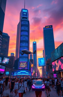 A futuristic cityscape at dusk, featuring towering skyscrapers with neon lights in vibrant shades of blue and purple