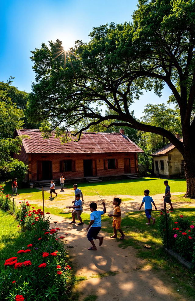 A picturesque view of a traditional rural primary school named 'Govt