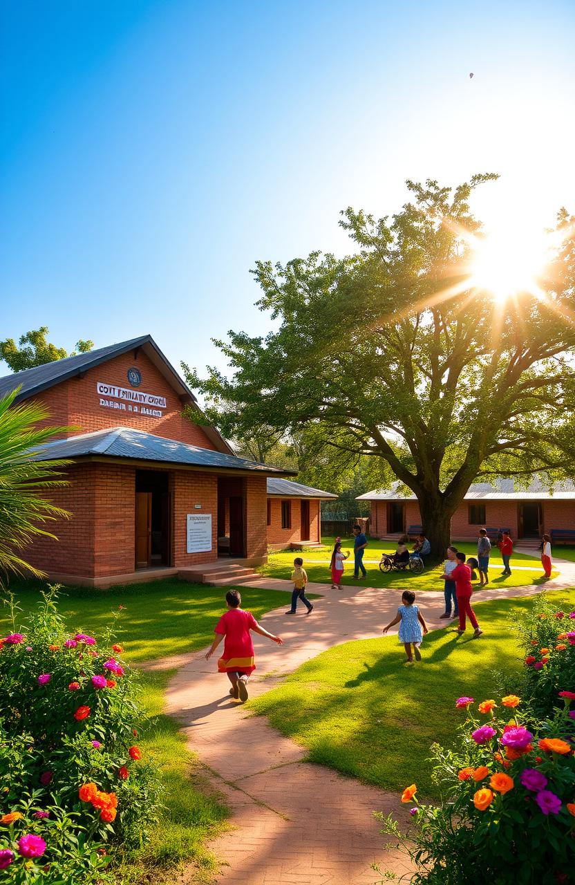 A picturesque view of a traditional rural primary school named 'Govt