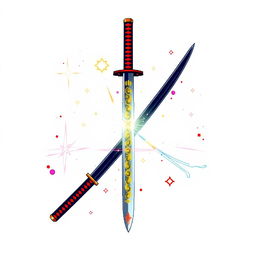 A pixel art design featuring a beautifully detailed katana sword at the center, surrounded by various anime-style visual effects such as sparkles, energy bursts, and dynamic movement lines, all intricately arranged around the sword