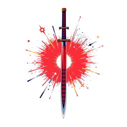 A pixel art design featuring a beautifully detailed katana sword at the center, surrounded by various anime-style visual effects such as sparkles, energy bursts, and dynamic movement lines, all intricately arranged around the sword