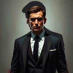 An ultra HD painting cover for a thriller drama novel featuring a male protagonist wearing a well-fitted suit and a stylish tie, facing forward