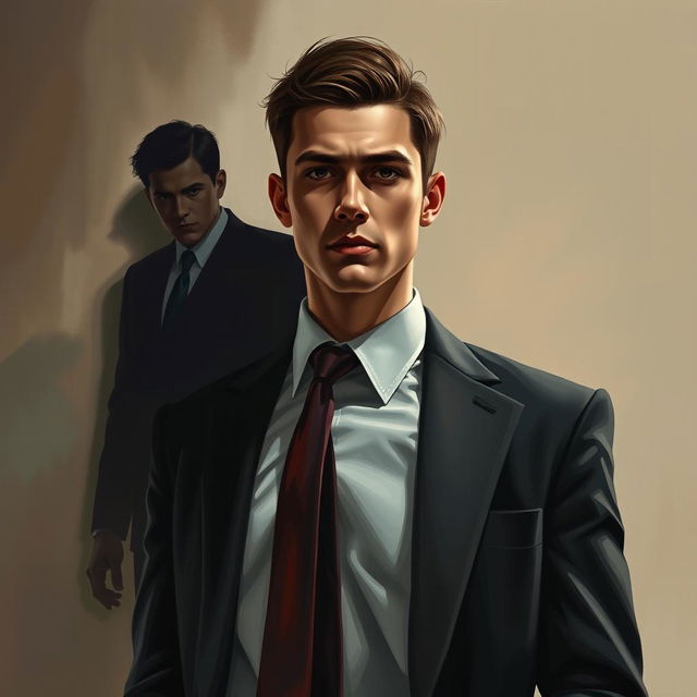 An ultra HD painting cover for a thriller drama novel featuring a male protagonist wearing a well-fitted suit and a stylish tie, facing forward