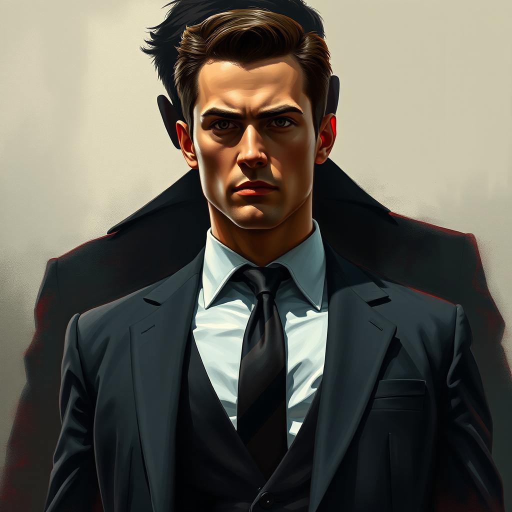 An ultra HD painting cover for a thriller drama novel featuring a male protagonist wearing a well-fitted suit and a stylish tie, facing forward