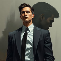 An ultra HD painting cover for a thriller drama novel featuring a male protagonist wearing a well-fitted suit and a stylish tie, facing forward