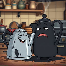 A humorous scene featuring a blackened kettle playfully teasing an entirely black teapot, which is covered in a layer of soot