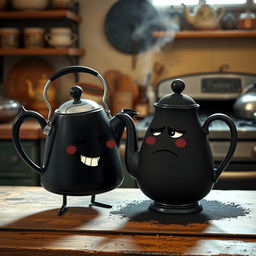 A humorous scene featuring a blackened kettle playfully teasing an entirely black teapot, which is covered in a layer of soot