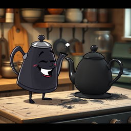 A humorous scene featuring a blackened kettle playfully teasing an entirely black teapot, which is covered in a layer of soot