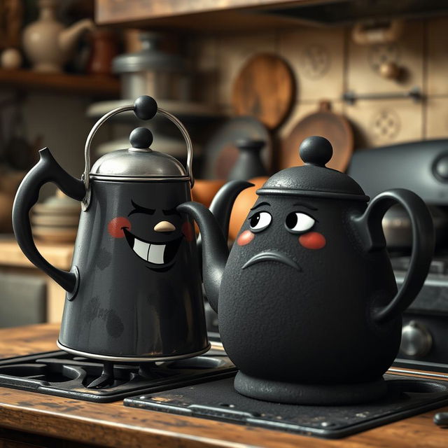 A humorous scene featuring a blackened kettle playfully teasing an entirely black teapot, which is covered in a layer of soot