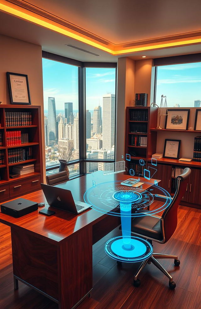 A sleek and modern office space designed for lawyers, filled with high-tech gadgets and equipment