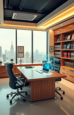 A sleek and modern office space designed for lawyers, filled with high-tech gadgets and equipment