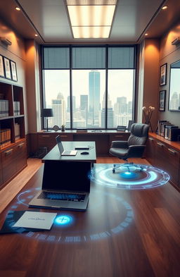 A sleek and modern office space designed for lawyers, filled with high-tech gadgets and equipment