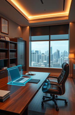 A sleek and modern office space designed for lawyers, filled with high-tech gadgets and equipment