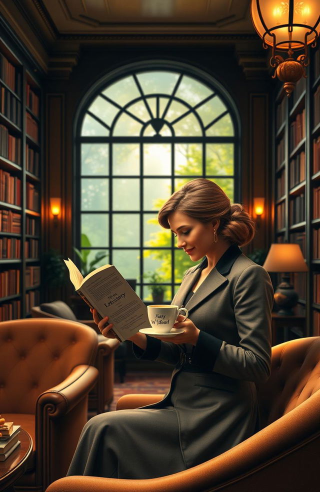 An elegant and sophisticated scene showcasing a tranquil library with shelves filled with books, soft ambient lighting casting warm glows, and plush seating areas inviting people to read