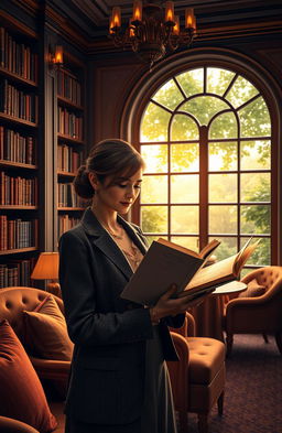 An elegant and sophisticated scene showcasing a tranquil library with shelves filled with books, soft ambient lighting casting warm glows, and plush seating areas inviting people to read
