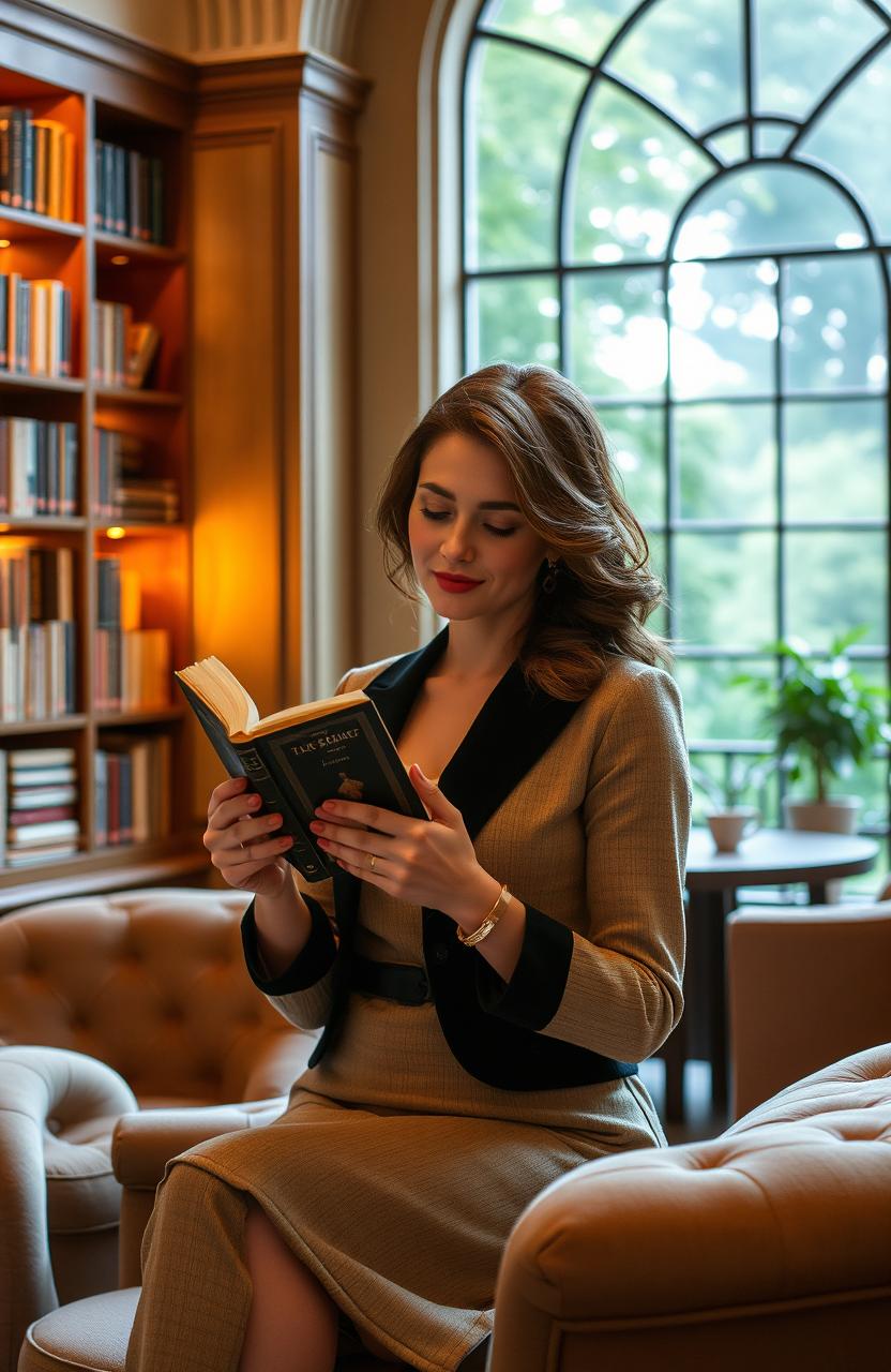 An elegant and sophisticated scene showcasing a tranquil library with shelves filled with books, soft ambient lighting casting warm glows, and plush seating areas inviting people to read