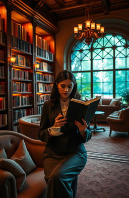 An elegant and sophisticated scene showcasing a tranquil library with shelves filled with books, soft ambient lighting casting warm glows, and plush seating areas inviting people to read