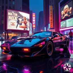 A futuristic, sleek black car resembling a hyper-modern version of KITT from Knight Rider, equipped with advanced technology, LED lighting displaying vibrant colors, and a smooth aerodynamic design