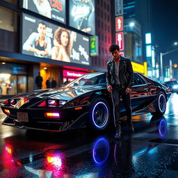 A futuristic, sleek black car resembling a hyper-modern version of KITT from Knight Rider, equipped with advanced technology, LED lighting displaying vibrant colors, and a smooth aerodynamic design