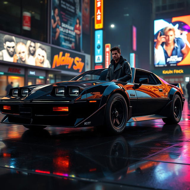 A futuristic, sleek black car resembling a hyper-modern version of KITT from Knight Rider, equipped with advanced technology, LED lighting displaying vibrant colors, and a smooth aerodynamic design