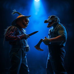 An intense showdown scene featuring a scarecrow dressed in rugged overalls with a frightening pumpkin head, holding a knife, facing off against a menacing figure in overalls wearing a crocodile mask and gripping a bloody axe