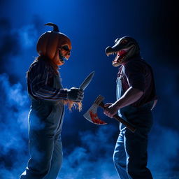 An intense showdown scene featuring a scarecrow dressed in rugged overalls with a frightening pumpkin head, holding a knife, facing off against a menacing figure in overalls wearing a crocodile mask and gripping a bloody axe