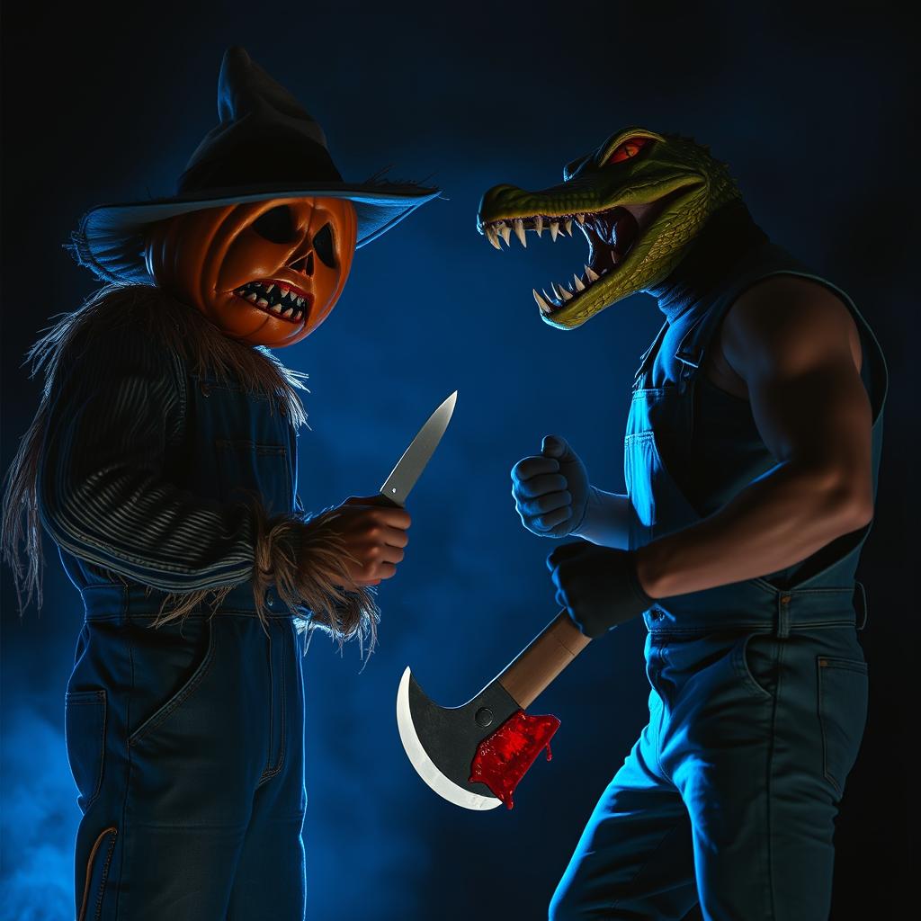 An intense showdown scene featuring a scarecrow dressed in rugged overalls with a frightening pumpkin head, holding a knife, facing off against a menacing figure in overalls wearing a crocodile mask and gripping a bloody axe