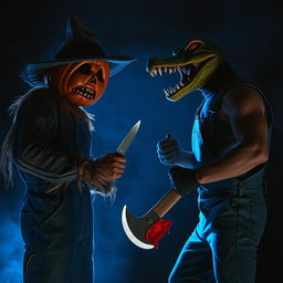 An intense showdown scene featuring a scarecrow dressed in rugged overalls with a frightening pumpkin head, holding a knife, facing off against a menacing figure in overalls wearing a crocodile mask and gripping a bloody axe