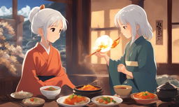 Studio Ghibli style anime featuring a white-haired girl blowing fire after eating medium spice curry in a traditional Japanese setting