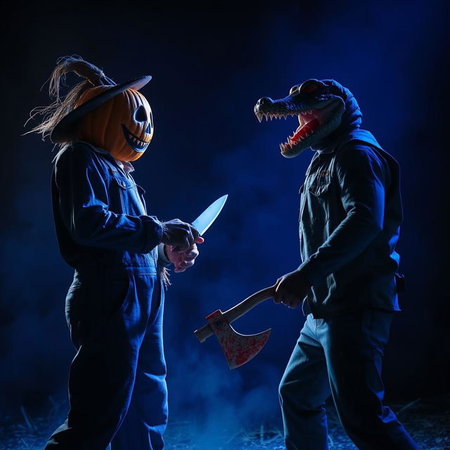 An intense showdown scene featuring a scarecrow dressed in rugged overalls with a frightening pumpkin head, holding a knife, facing off against a menacing figure in overalls wearing a crocodile mask and gripping a bloody axe