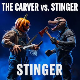 An intense confrontation scene featuring a frightful scarecrow dressed in rugged overalls with a terrifying pumpkin head, brandishing a knife