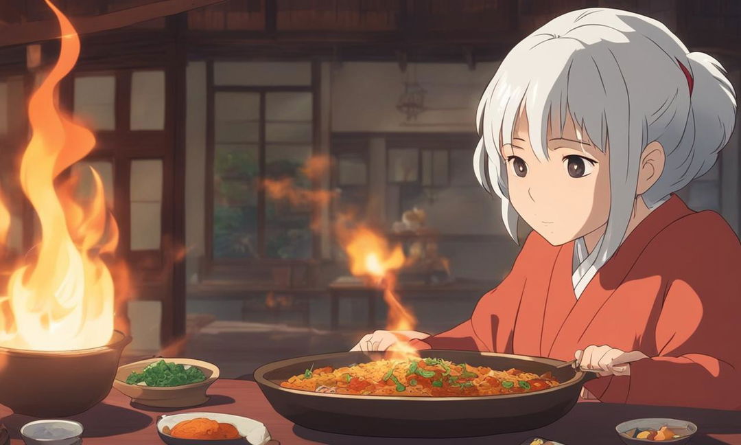 Studio Ghibli style anime featuring a white-haired girl blowing fire after eating medium spice curry in a traditional Japanese setting