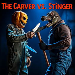 An intense confrontation scene featuring a frightful scarecrow dressed in rugged overalls with a terrifying pumpkin head, brandishing a knife