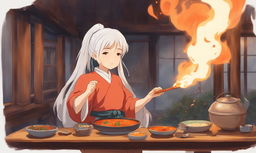 Studio Ghibli style anime featuring a white-haired girl blowing fire after eating medium spice curry in a traditional Japanese setting