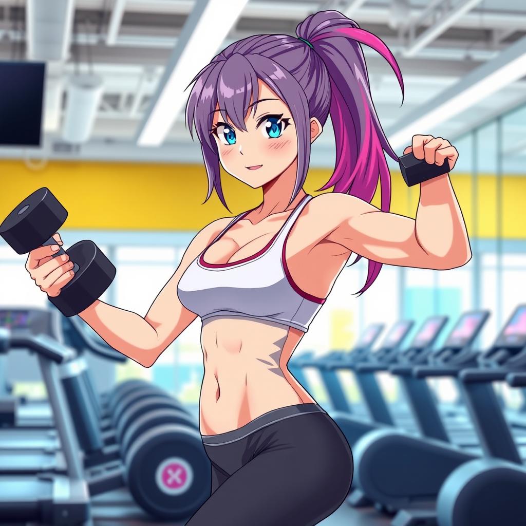 A dynamic scene featuring an anime girl working out, showcasing her full body in an athletic training environment