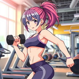 A dynamic scene featuring an anime girl working out, showcasing her full body in an athletic training environment