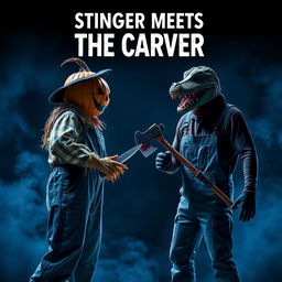 An intense standoff scene featuring a frightful scarecrow dressed in rugged overalls, adorned with a scary pumpkin head and holding a knife